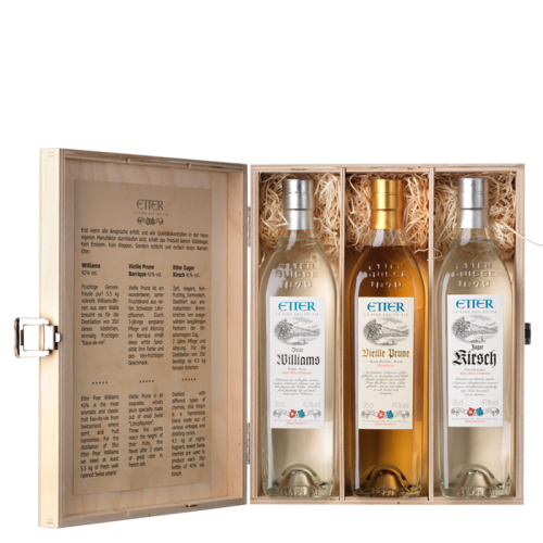 Etter Geschenkholzkistli Kirsch, Williams, Vieille Prune (3x35cl)